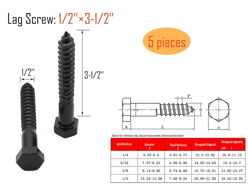 LBY 5pcs Lag Screws, 1/2" x 3-1/2" Hex Head Lag Screws Bolts (with Washers), Heavy-Duty Wood Screws for Decking & Structural Fastening, 304 Stainless Steel, (Black) - Image 3